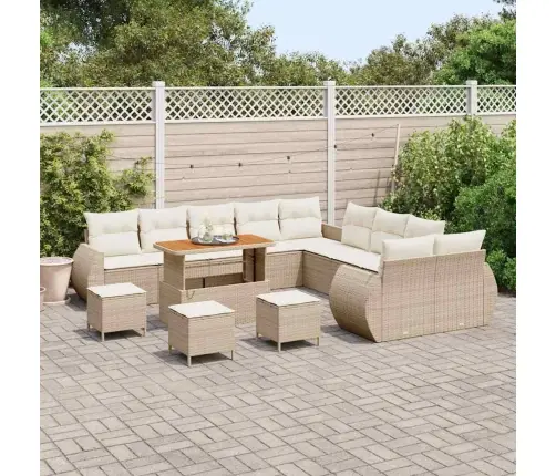 14 Daļu Dārza Dīvāna Komplekts Ar Spilveniem, Bēšs Polirasā, Akācijas Koks Vidaxl