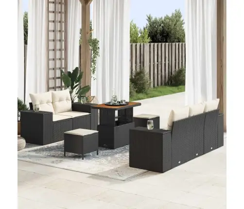 8 Daļu Dārza Dīvānu Komplekts Ar Spilveniem Melnā Poliratana Un Akāciju Kokā Vidaxl