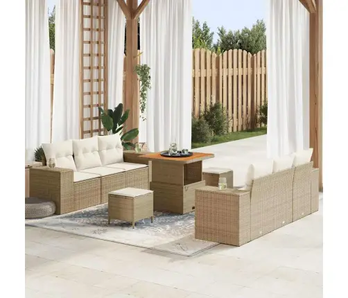 9 Daļu Dārza Dīvānu Komplekts Ar Spilveniem, Bēšs, Poli Rotangpalma Un Akācija Vidaxl