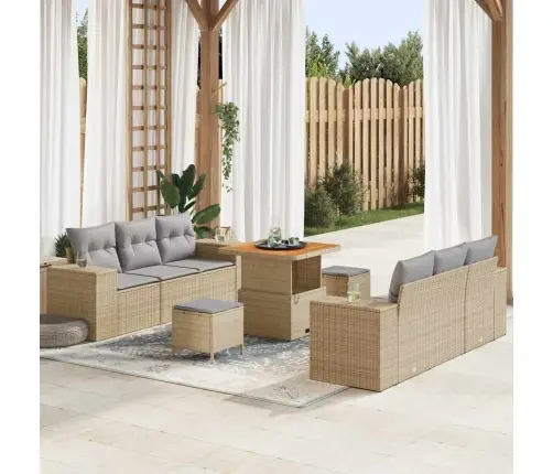 9 Daļu Dārza Dīvānu Komplekts Ar Bēšiem Polirotangā Un Akāciju Vidaxl