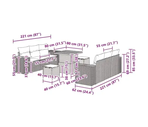 9 Daļu Dārza Dīvānu Komplekts Ar Bēšiem Polirotangā Un Akāciju Vidaxl