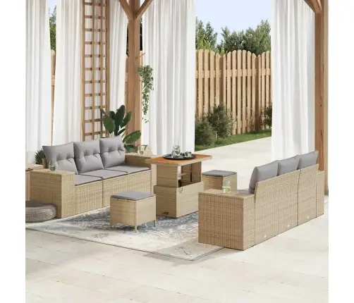 9 Daļu Dārza Dīvānu Komplekts Ar Spilveniem Bēšā Krāsā, Poliratanis, Akācija Vidaxl