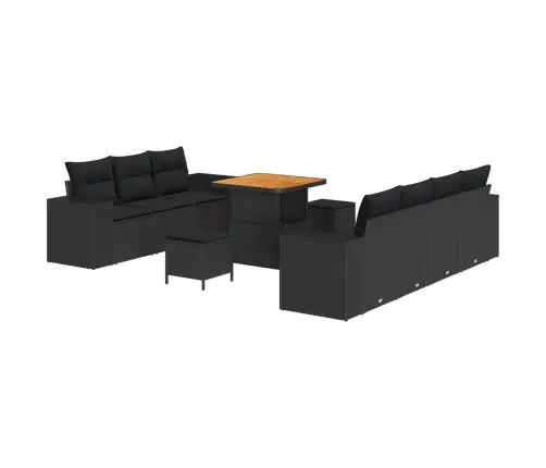 10 Daļīgs Dārza Dīvānu Komplekts Ar Spilveniem Melnā Poliraftā Un Akāciju Koku. Vidaxl
