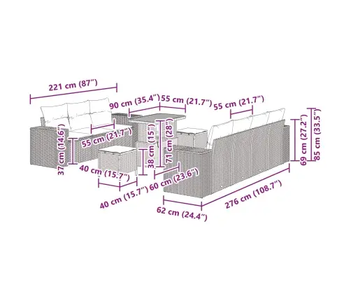 10 Daļu Dārza Dīvānu Komplekts Ar Spilveniem, Melns Polirattan, Akācija Vidaxl