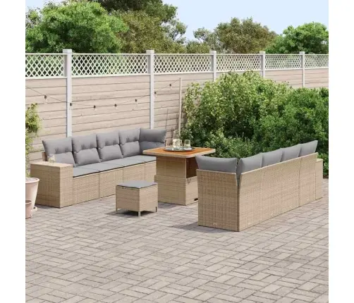 11 Daļu Dārza Dīvānu Komplekts Ar Spilveniem, Bēšs, Poli Rattan, Akācija Vidaxl