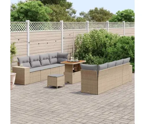 11 Daļu Dārza Dīvāna Komplekts Ar Spilveniem Bēšā Poliratanā Un Akāciju. Vidaxl