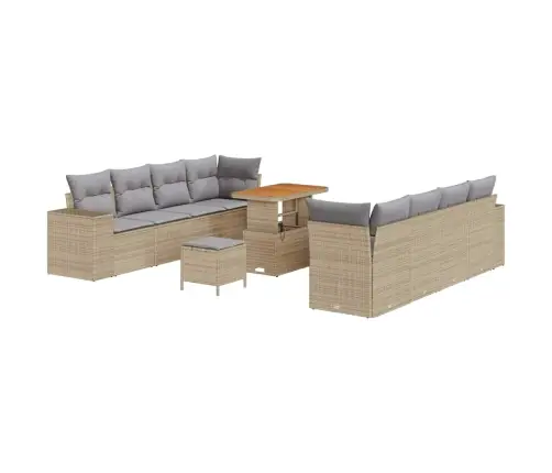 11 Daļu Dārza Dīvāna Komplekts Ar Spilveniem Bēšā Poliratanā Un Akāciju. Vidaxl
