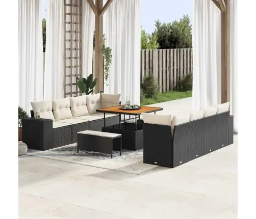 11 Daļu Dārza Dīvāns Ar Spilveniem Melnā Polyratānā Un Akāciju Vidaxl