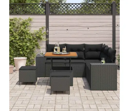 8 Daļu Dārza Dīvānu Komplekts Ar Spilveniem Melnā Polirasā Un Akāciju Vidaxl