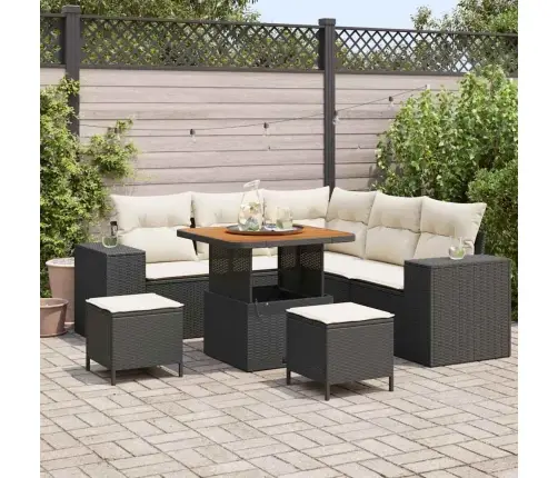 8 Gab. Dārza Dīvānu Komplekts Ar Spilveniem Melnā Poli Rotangpalmas Akācijas Vidaxl