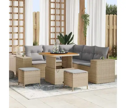 8 Daļu Dārza Dīvānu Komplekts Ar Bēšiem Polirattanā Un Akācijas Detaļām Vidaxl