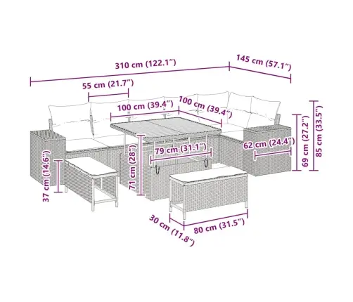 9 Daļu Dārza Dīvāna Komplekts Ar Spilveniem Pelēkā Poli Rattanā Vidaxl