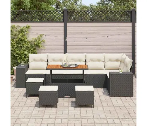 10 Daļu Dārza Dīvānu Komplekts Ar Spilveniem Melnā Poliratānā Un Akāciju Koku Vidaxl