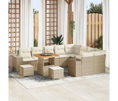 12 Daļīgais Dārza Dīvāna Komplekts Ar Spilveniem Bēšā Poliratanā Un Akācijas Vidaxl