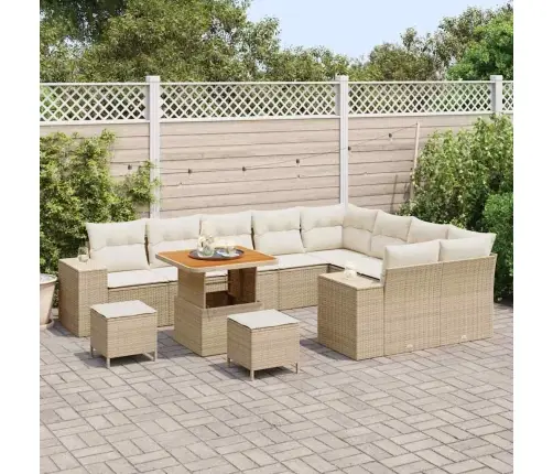 12 Daļīgais Dārza Dīvāna Komplekts Ar Spilveniem Bēšā Poliratanā Un Akācijas Vidaxl