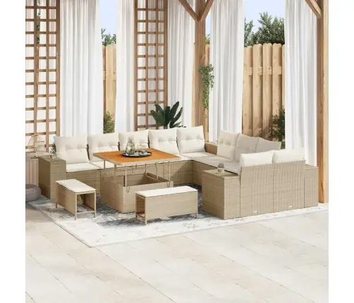 13 Daļu Dārza Dīvānu Komplekts Ar Bēšām Poliratanā Un Akācijas Koka Spilveniem. Vidaxl