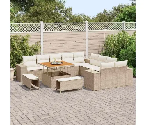 13 Daļu Dārza Dīvānu Komplekts Ar Bēšām Poliratanā Un Akācijas Koka Spilveniem. Vidaxl