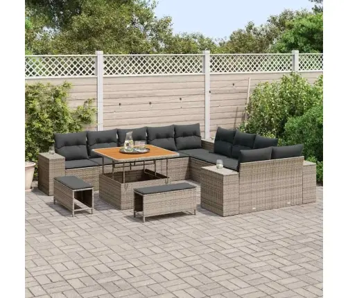 13 Daļu Dārza Dīvānu Komplekts Ar Spilveniem Pelēkā Polirattanā Un Akācijas Koka Detalizēm. Vidaxl