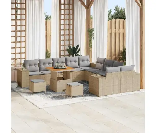 13 Daļīgais Dārza Dīvānu Komplekts Ar Bēša Polirotanga Spilveniem Akācijas Kokā. Vidaxl