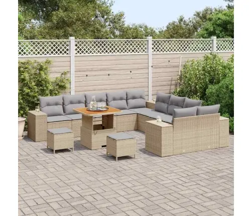 13 Daļīgais Dārza Dīvānu Komplekts Ar Bēša Polirotanga Spilveniem Akācijas Kokā. Vidaxl