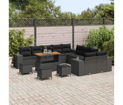 14 Daļu Dārza Dīvānu Komplekts Ar Spilveniem Melnā Poliratanā, Akācijās Vidaxl