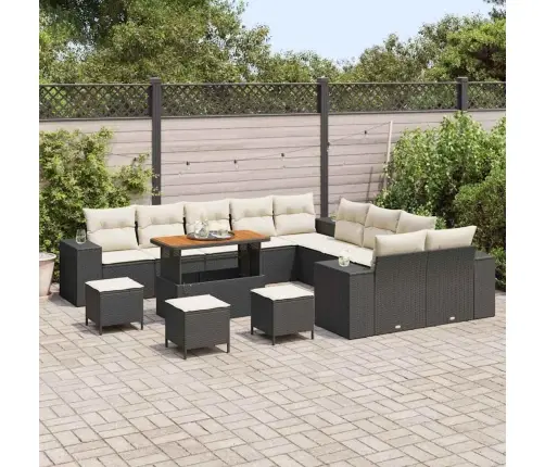 14 Gabalu Dārza Dīvānu Komplekts Ar Spilveniem Melnā Poli Rotangpalmas Akācijā Vidaxl