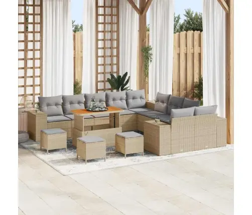 14 Daļu Dārza Dīvāna Komplekts Ar Spilveniem, Bēšs Poliratanis Un Akācija. Vidaxl