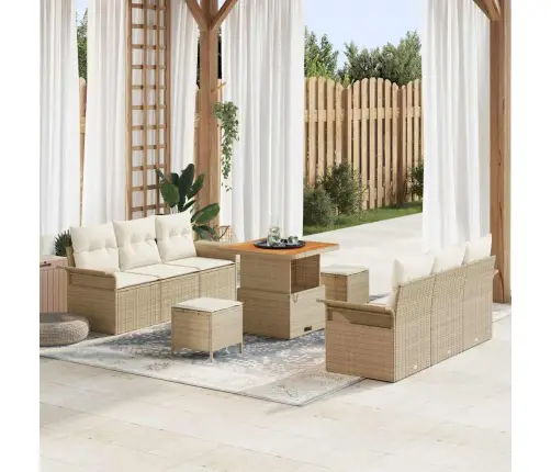 9 Daļu Dārza Dīvānu Komplekts Ar Bēšiem Spilveniem, Elegants Polirattanā Akācijas Kokā Vidaxl