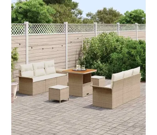 9 Daļu Dārza Dīvānu Komplekts Ar Bēšiem Spilveniem, Elegants Polirattanā Akācijas Kokā Vidaxl