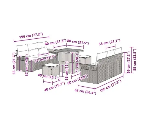 9 Daļu Dārza Dīvānu Komplekts Ar Bēšiem Spilveniem, Elegants Polirattanā Akācijas Kokā Vidaxl