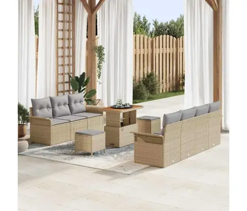 10 Daļu Dārza Dīvānu Komplekts Ar Spilveniem, Bēšs Polirattan Akācija Vidaxl