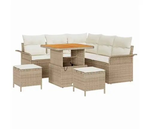 8 Daļu Dārza Dīvānu Komplekts Ar Bēšiem Poli Rattan Spilveniem Akācijā Vidaxl