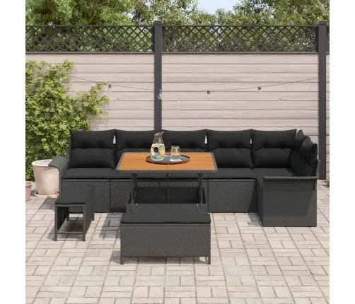 9 Daļu Dārza Dīvānu Komplekts Ar Spilveniem, Melns Poli Rattan Un Akācija. Vidaxl