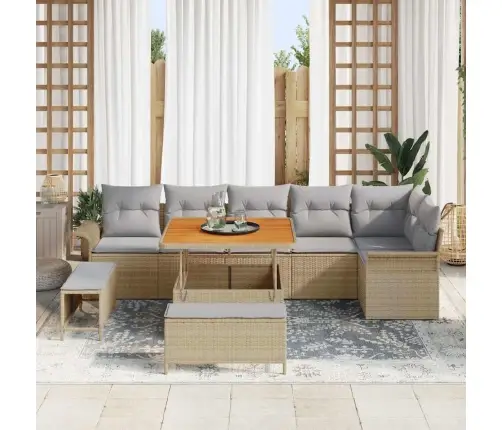 9 Daļīgs Dārza Dīvāna Komplekts Ar Spilveniem, Bēšs Poliratinis Akācija Vidaxl