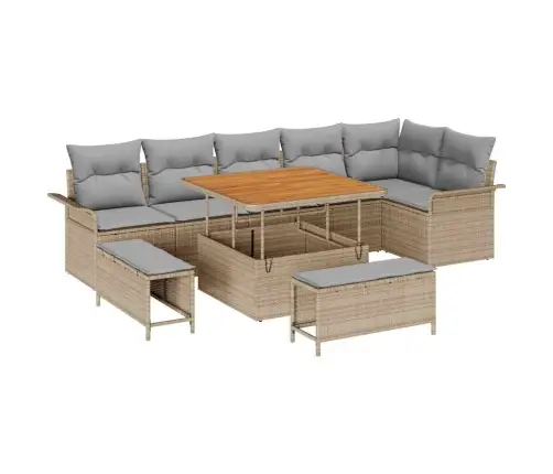 9 Daļīgs Dārza Dīvāna Komplekts Ar Spilveniem, Bēšs Poliratinis Akācija Vidaxl