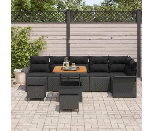9 Daļīgs Dārza Dīvānu Komplekts Ar Spilveniem, Melnā Poliratanā, Akācijas Koks. Vidaxl