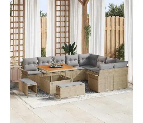 12 Daļu Dārza Dīvānu Komplekts Ar Bēšajiem Spilveniem No Poliratanas Un Akācijas Koka Vidaxl