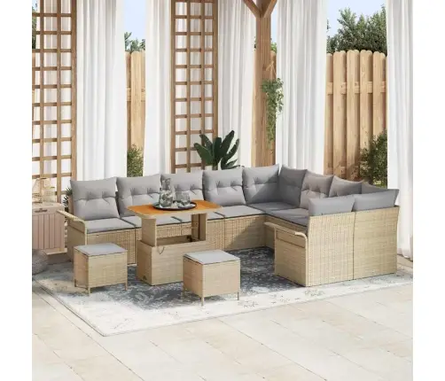 12 Daļu Dārza Dīvānu Komplekts Ar Spilveniem Bēšā Poliestera Rattan Akācija. Vidaxl