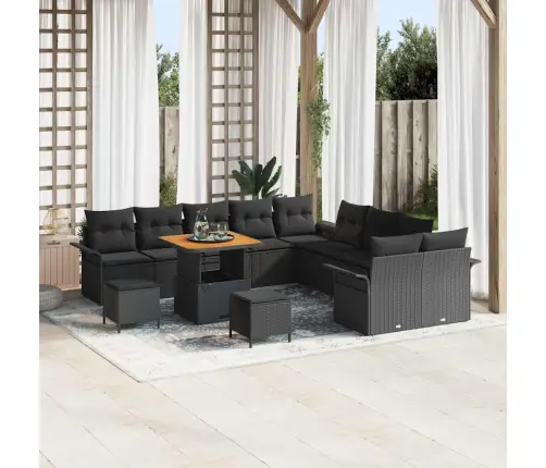 13 Daļu Dārza Dīvānu Komplekts Ar Melnām Poliratanas Spilveniem Un Akācijas Koku Vidaxl