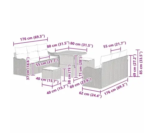Sodo Sofų Rinkinys Su Pagalve 9 Pcs Juoda Poliratanas
