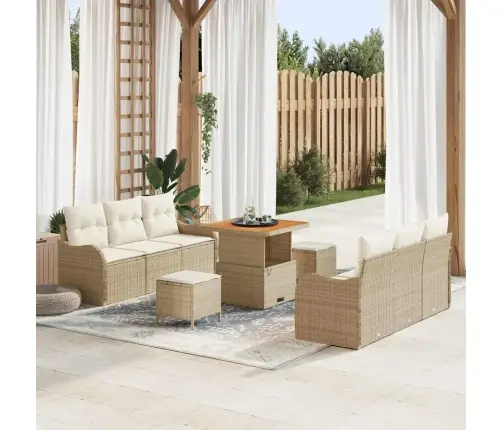 9 Daļu Dārza Dīvānu Komplekts Ar Spilveniem, Bēšs, Polyratans, Akācijas Koks. Vidaxl