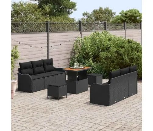 9 Daļu Dārza Dīvānu Komplekts Ar Spilveniem Melnā Poli Ratanā Un Akācijas Kokā. Vidaxl