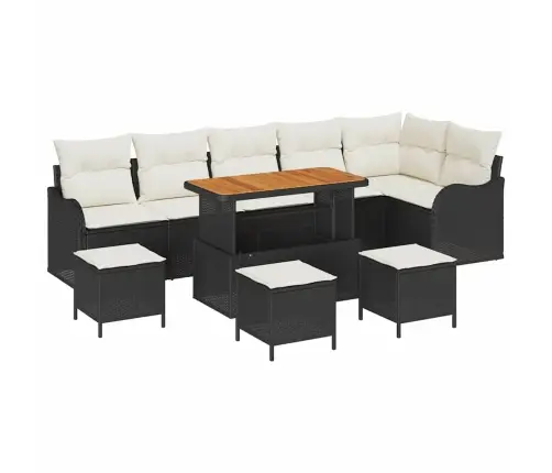 10 Daļīgu Dārza Dīvānu Komplektu Ar Spilveniem Melnā Poliratanā Un Akācijas Kokā Vidaxl