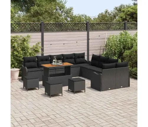 14 Daļu Dārza Dīvānu Komplekts Ar Spilveniem Melnā Poliratanā, Akācija Vidaxl