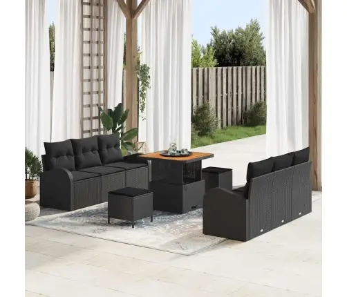 9 Daļu Dārza Dīvānu Komplekts Ar Spilveniem Melns Polietilēna Rotangpalma Akācija Vidaxl