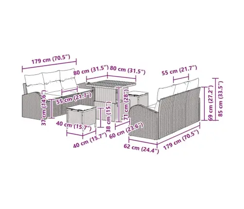 9 Gabalu Dārza Dīvānu Komplekts Ar Spilveniem Melns Poli Rotangpalma Akācijas Vidaxl