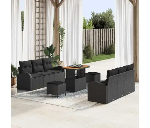 Sodo Sofų Rinkinys Su Pagalve 9 Pcs Juoda Poli Ratanas