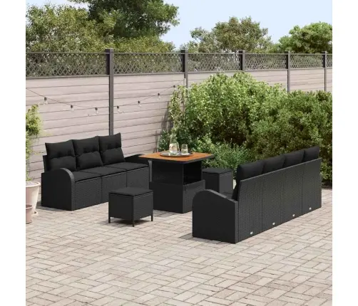 10 Daļu Dārza Dīvānu Komplekts Ar Spilveniem Melnā Poli Ratanam Akāciju Vidaxl