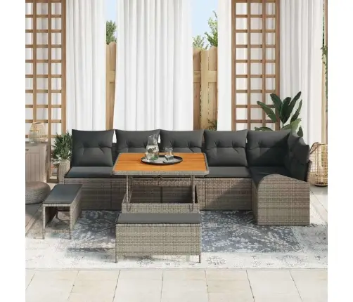 9 Daļu Dārza Dīvānu Komplekts Ar Spilveniem Pelēks Polietilēna Rotangpalma Akācija Vidaxl