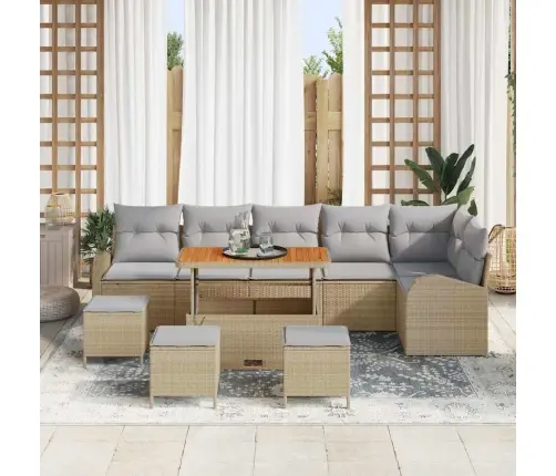 10 Daļu Dārza Dīvānu Komplekts Ar Spilveniem Bēšā Poliratanā Un Akācijā Vidaxl